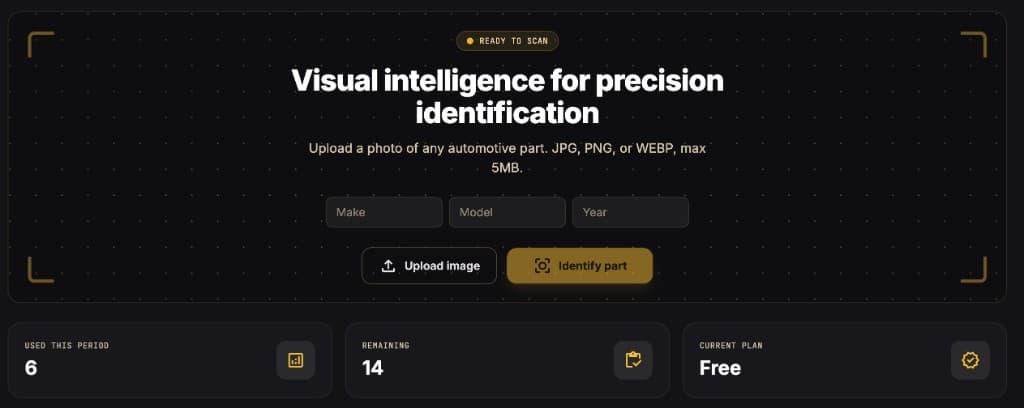 PartFinder AI dashboard with upload fields, Identify part action, and usage stats
