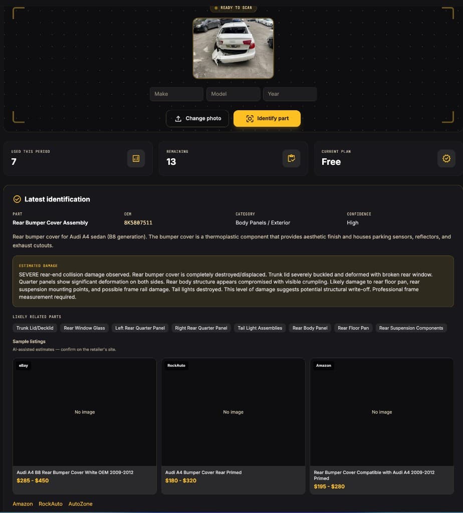 PartFinder AI identification report with OEM code, damage notes, related parts, and retailer listings